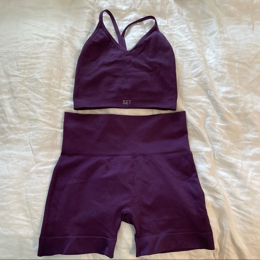 SET ACTIVE sculptflex ribbed v bra + bike shorts in fig purple S/M